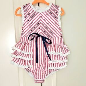 Love & Grow 3t Eyelet Ruffle Bubble Red White Navy 100% Cotton